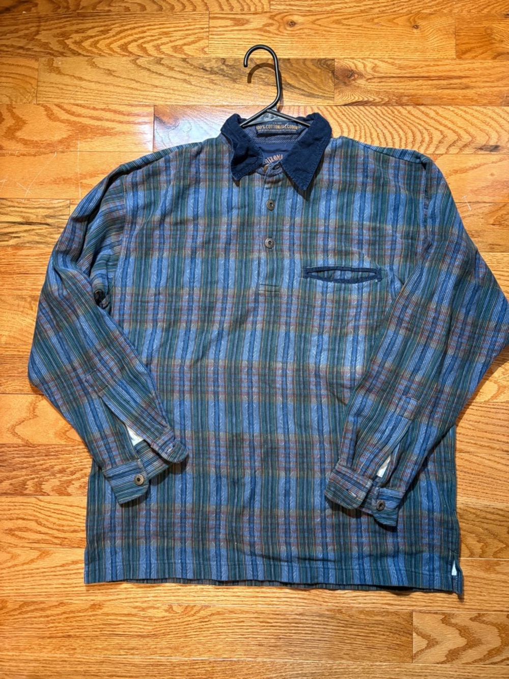 Arizona Jean Company Navy and Teal Stripe Shirt with Corduroy Collar